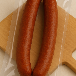 Carnati de vara cu boia dulce, fierti si afumati, in ambalaj de protectie